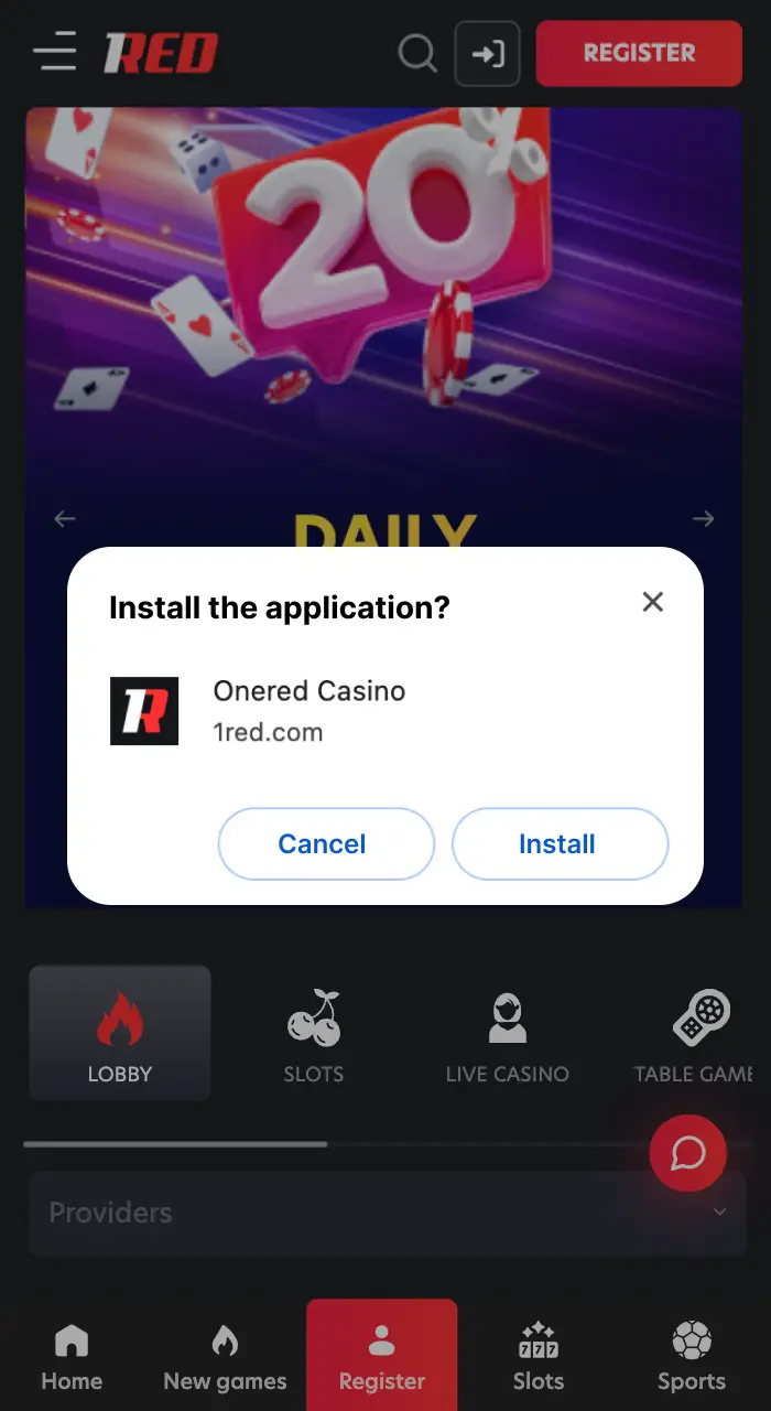 Start installing the 1Red application.