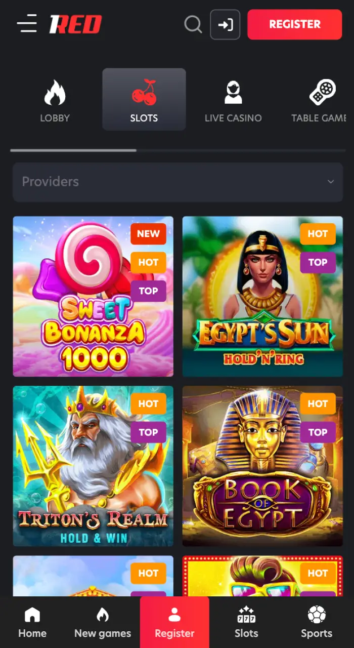 Casino games in the 1Red app.