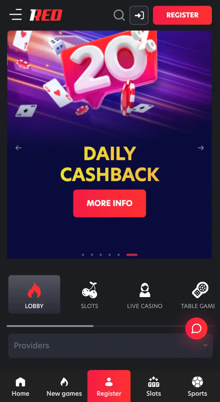 Home page of the 1Red app.