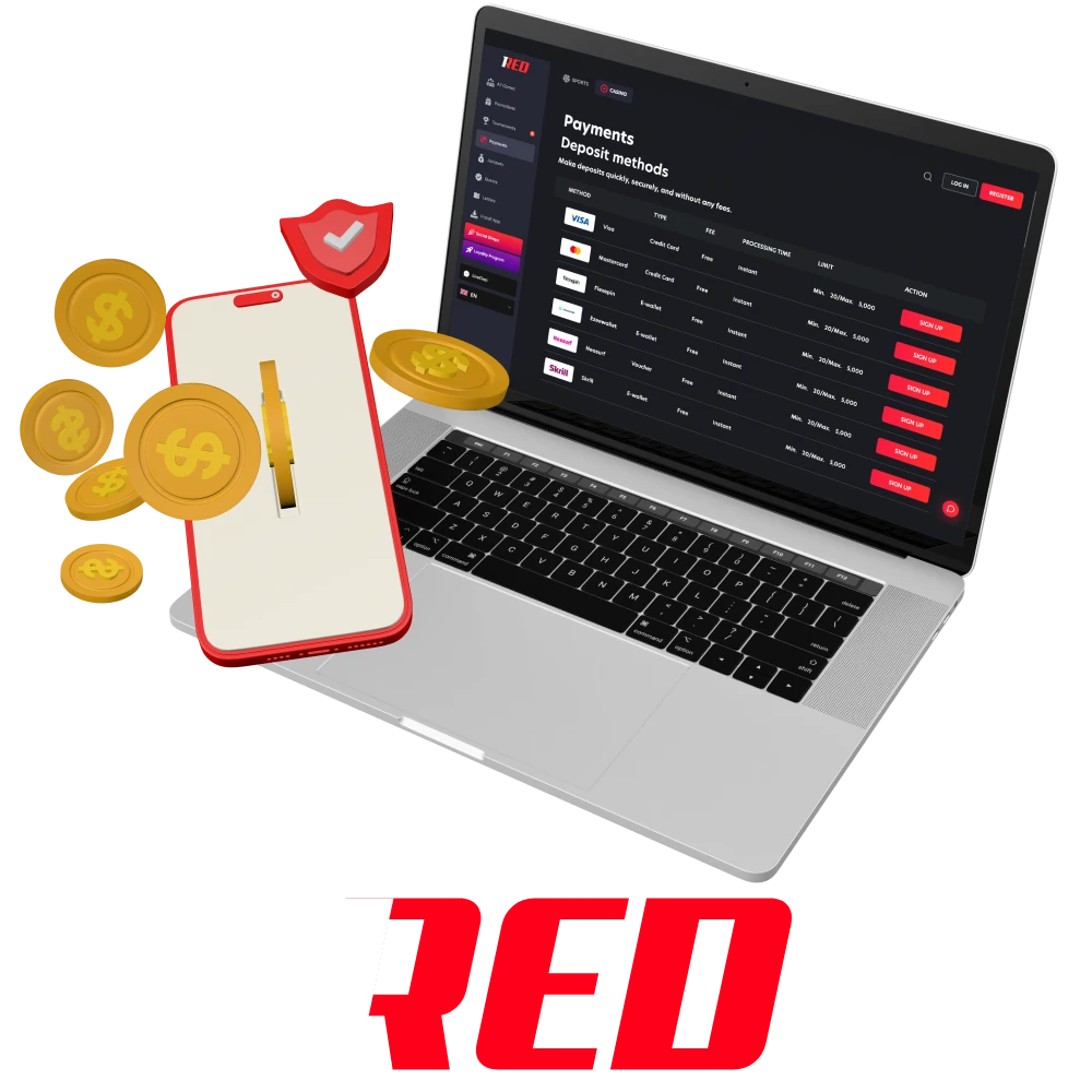 Available payment methods will allow you to fund your 1Red Casino account.