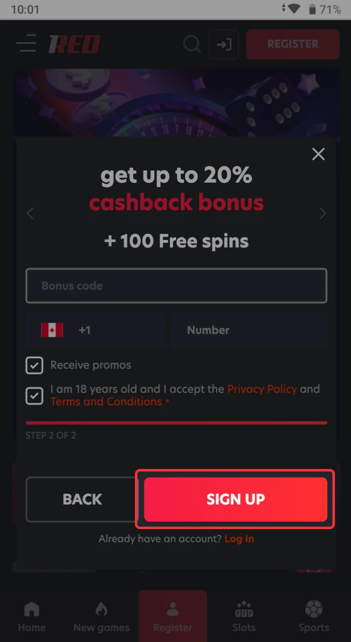 In order to fix the entered data in 1Red Casino press the special button.