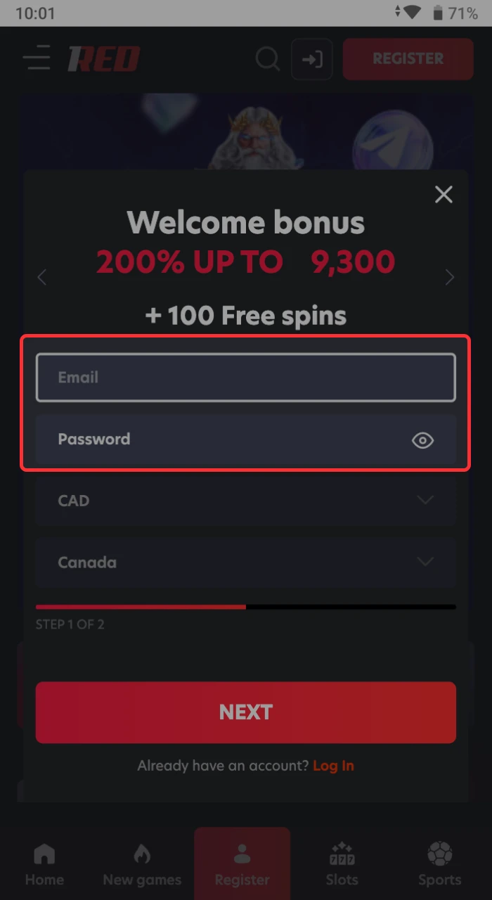 Fill in the fields with the current data required for future login to 1Red Casino.